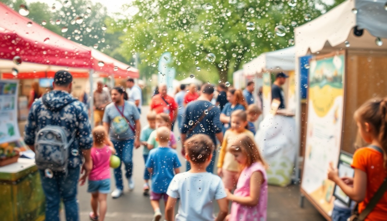An abstract, out-of-focus scene of people interacting with colorful displays and exhibits at an outdoor community event, conveying the warm, celebratory atmosphere of the Aventura Earth Day festival.