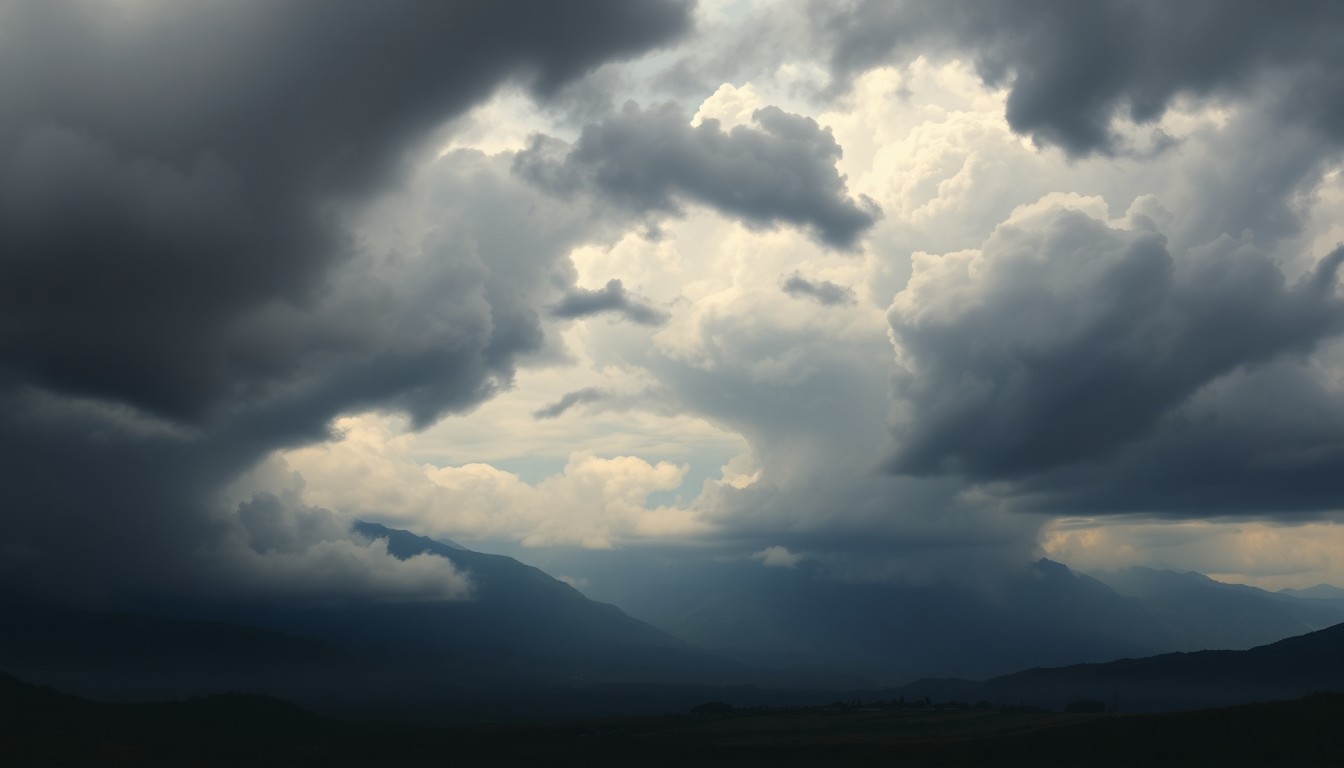 A sweeping, atmospheric landscape painting in muted tones of gray, blue, and green, with a dramatic, turbulent sky filled with swirling clouds and heavy rain obscuring the distant mountains, conveying the overwhelming power of nature.