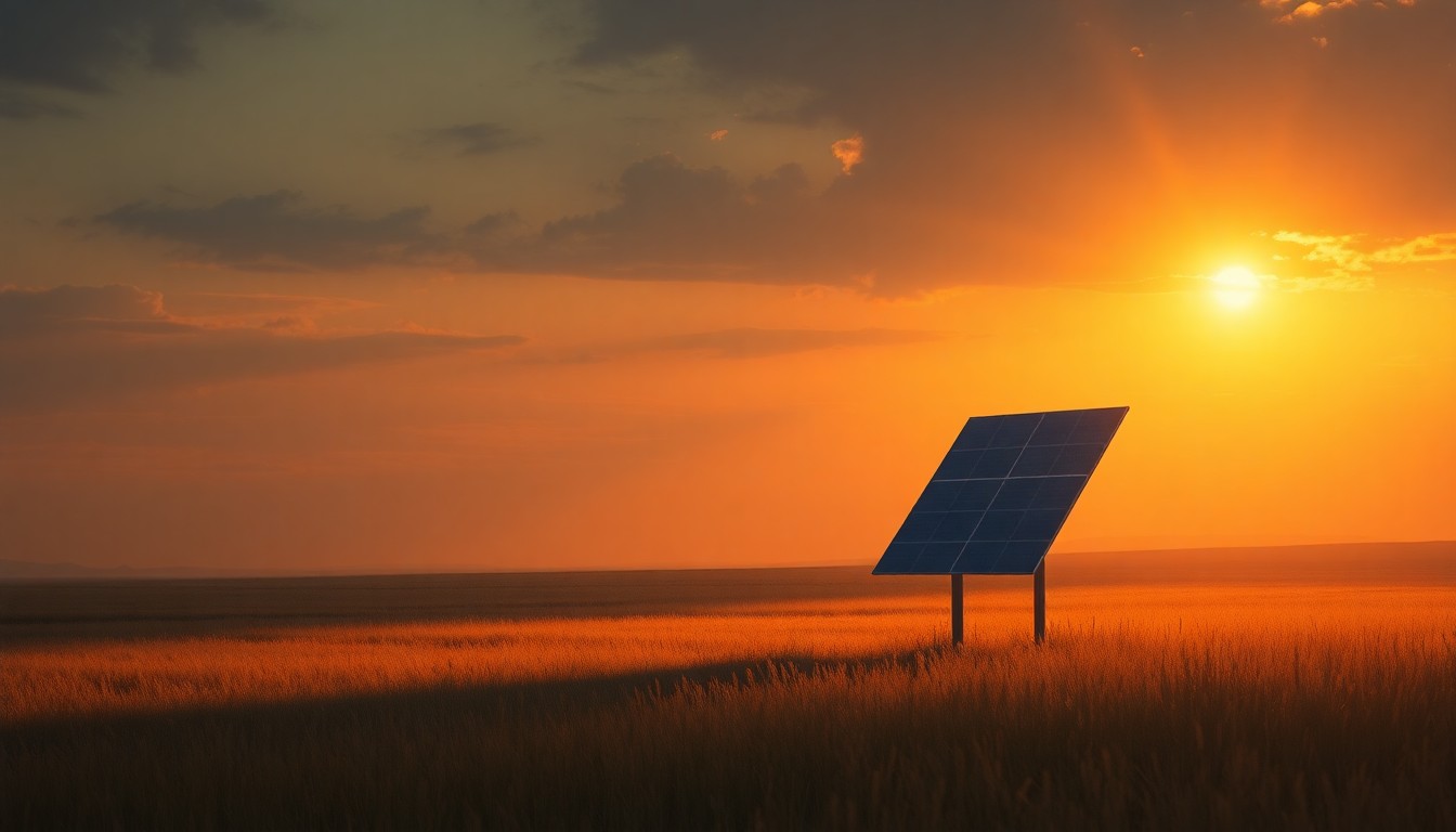 A serene, painterly image of a solitary solar panel standing in a rural field, the panel's geometric form contrasted against the soft, natural landscape bathed in warm, angled sunlight and deep shadows, conveying a sense of quiet contemplation about the balance between renewable energy and preserving the rural way of life.
