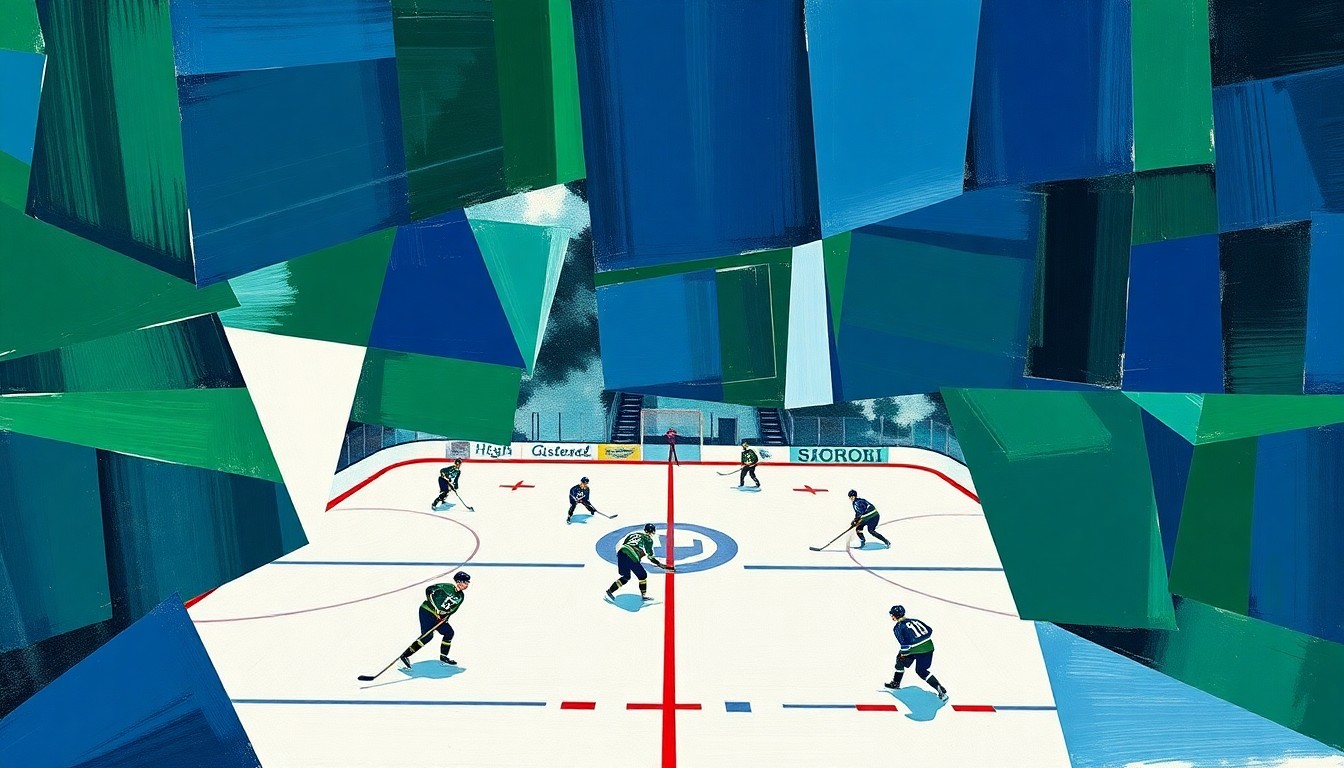 A fragmented, geometric painting depicting the motion and intensity of a high school hockey game, using sharp planes of navy, green, and white to capture the sport's dynamism.