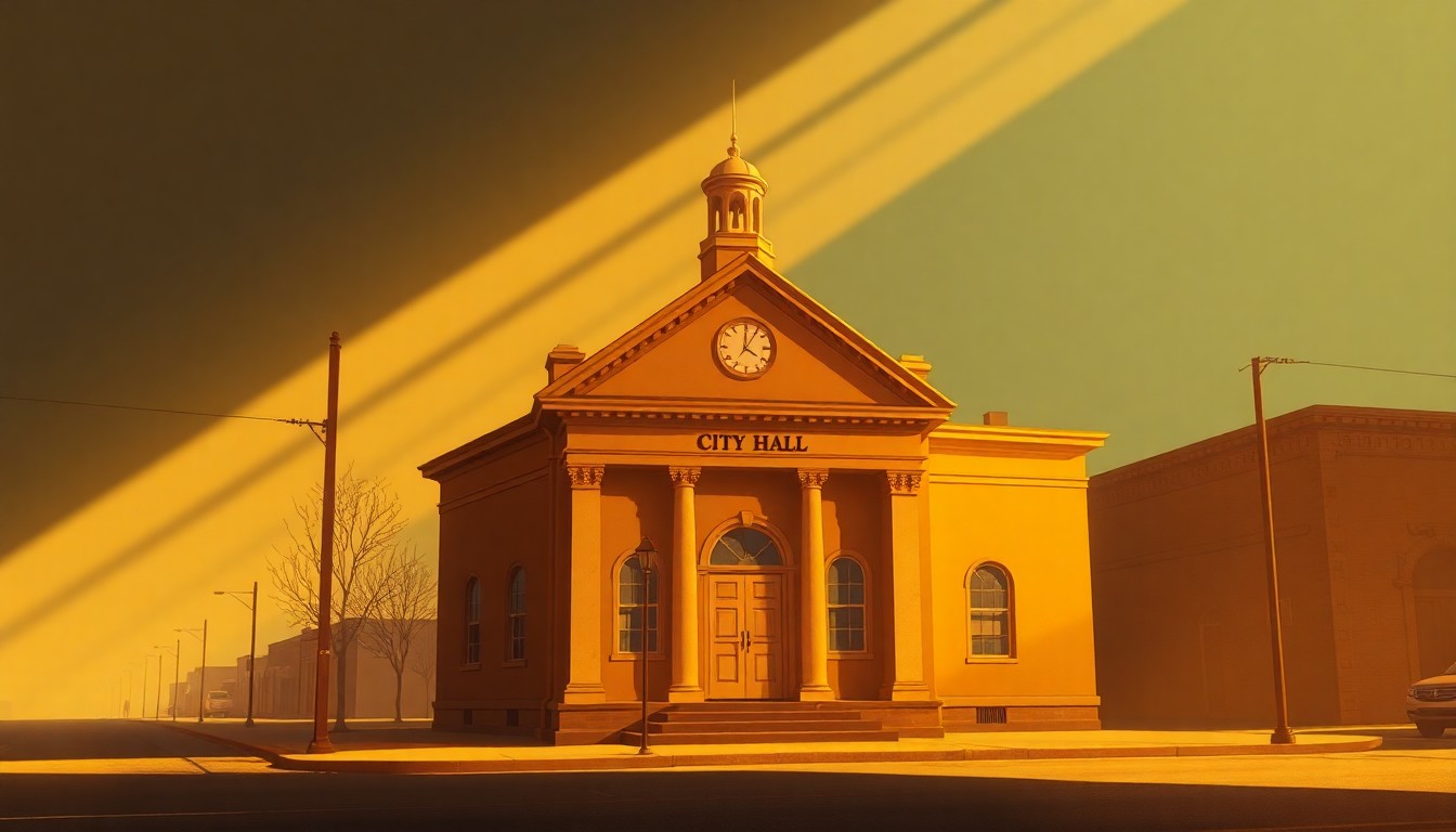 A serene, realistic painting of a city hall building in warm, golden light, conveying a sense of civic pride and small-town nostalgia.
