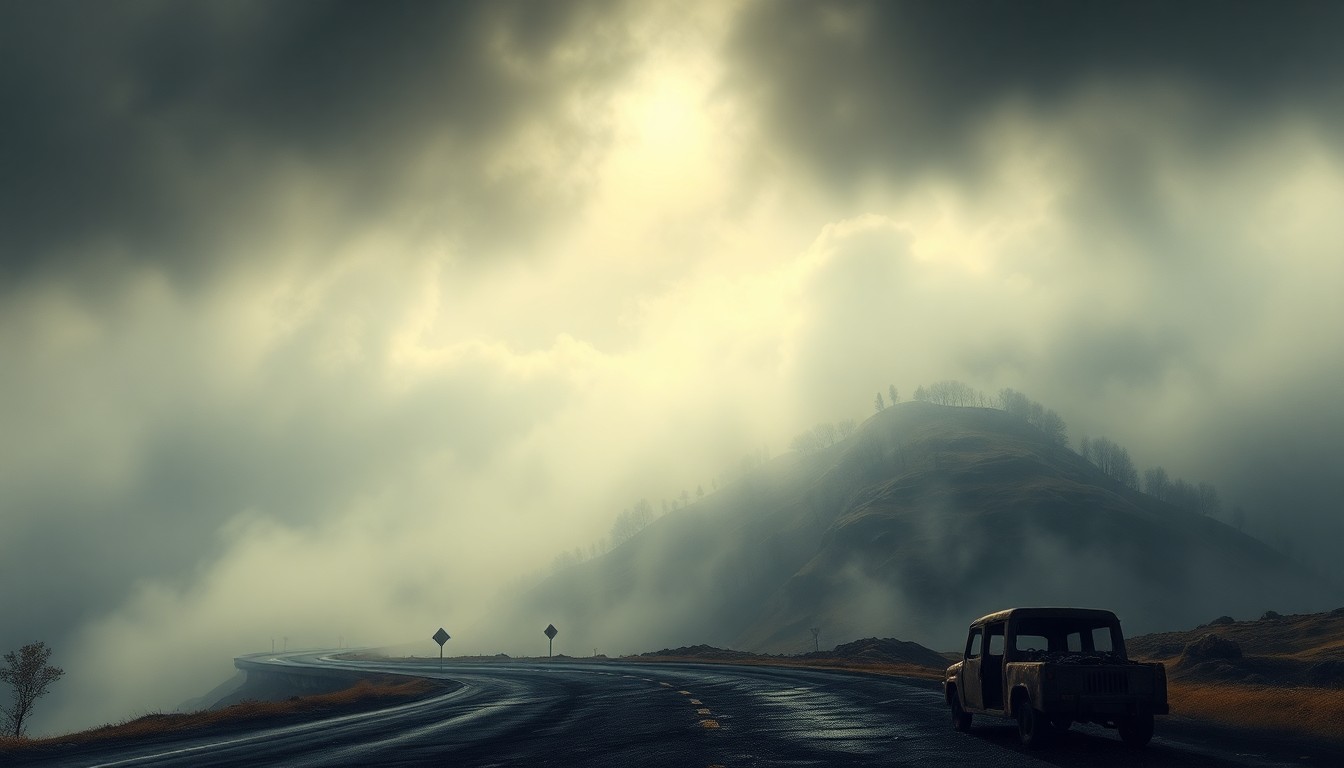 A sweeping, atmospheric landscape painting in muted tones, with a winding highway and the charred remains of a vehicle barely visible through thick fog and dramatic lighting, conveying the overwhelming scale of the natural environment.