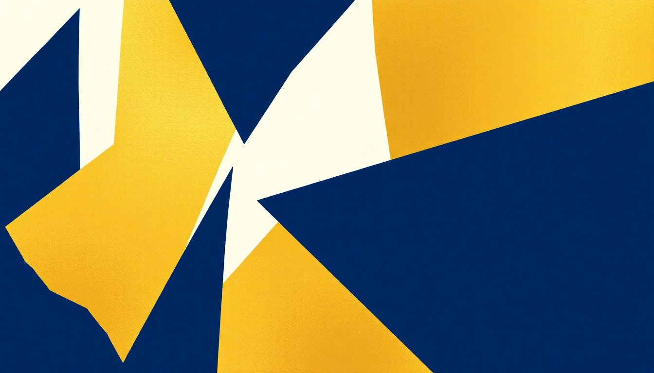 An abstract composition of sharp, angular shapes in deep blue, gold, and white, evoking the dramatic, spiritual journey at the heart of Elgar's 