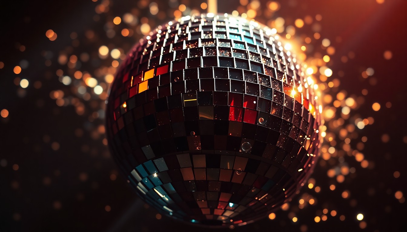 An abstract close-up photograph of shattered disco ball fragments reflecting bright, high-contrast light, evoking the glamour and energy of 80s pop music.
