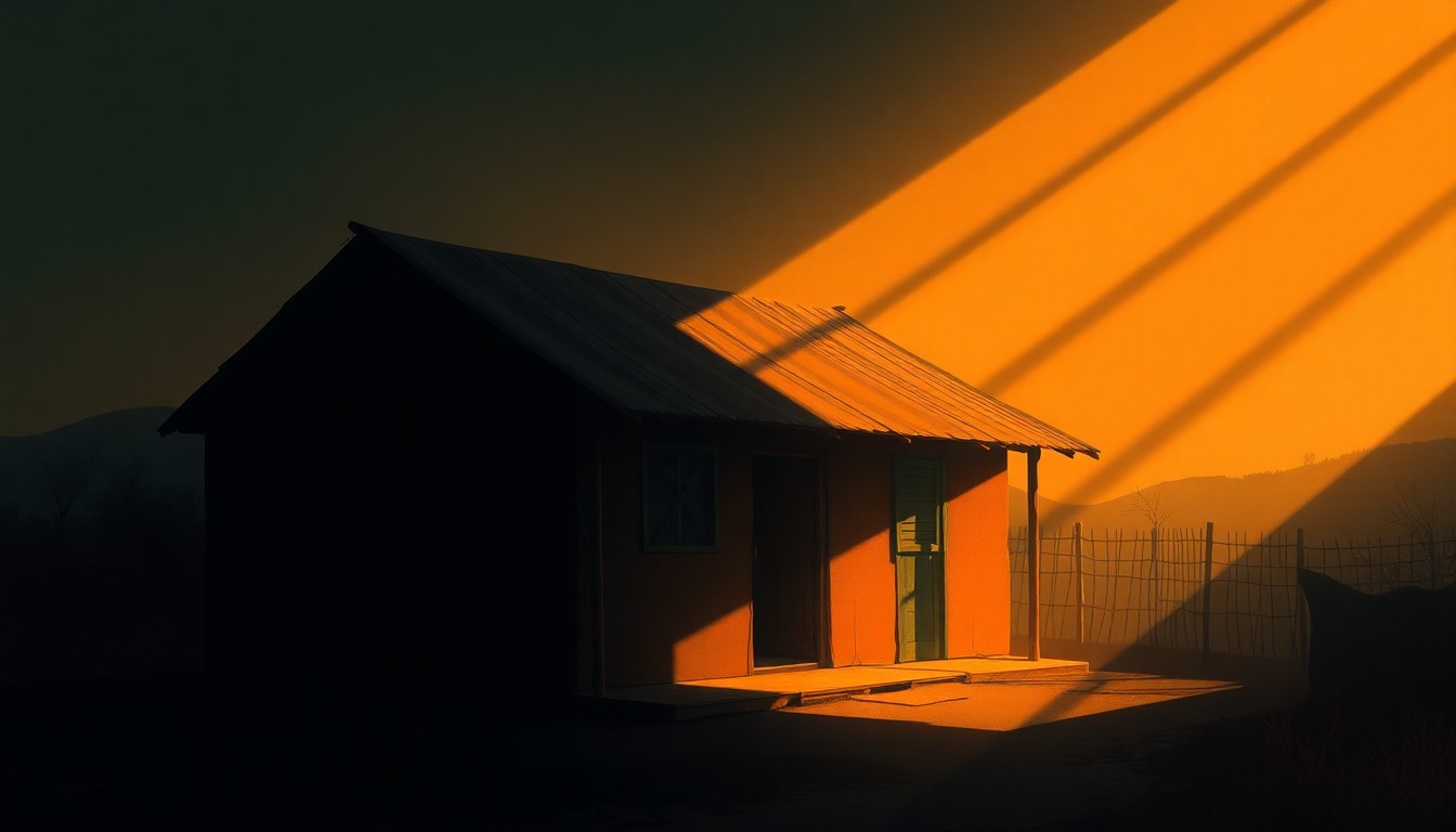A serene, painterly scene of a simple, single-story Tribal home nestled in a rural landscape, with warm sunlight casting deep shadows across the weathered wooden exterior, conveying a sense of community and resilience.