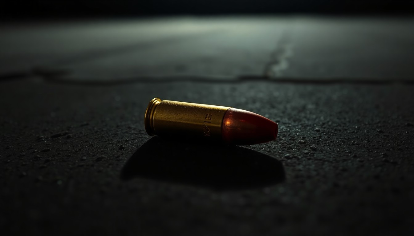 An extreme close-up photograph of a spent bullet casing on a dark concrete surface, lit by a harsh, direct camera flash, conceptually illustrating the violence and investigation surrounding an attack on a tech CEO's home.