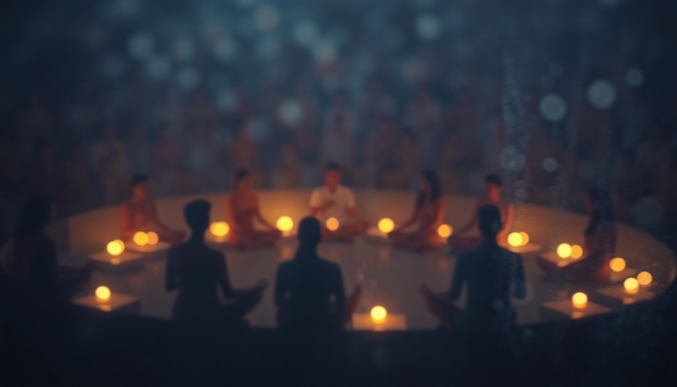 An abstract, out-of-focus photograph showing a dimly lit scene of people meditating or sitting in a circle, surrounded by soft pools of warm, glowing light, conceptually representing the calming and introspective nature of the Mindful Monday event.