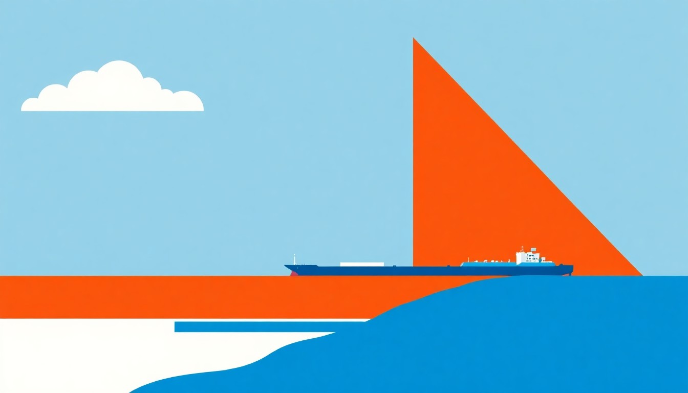 A geometric composition of overlapping triangles and rectangles in shades of blue, green, and gray, conceptually illustrating the large scale and environmental impact of the Louisiana LNG terminal project.