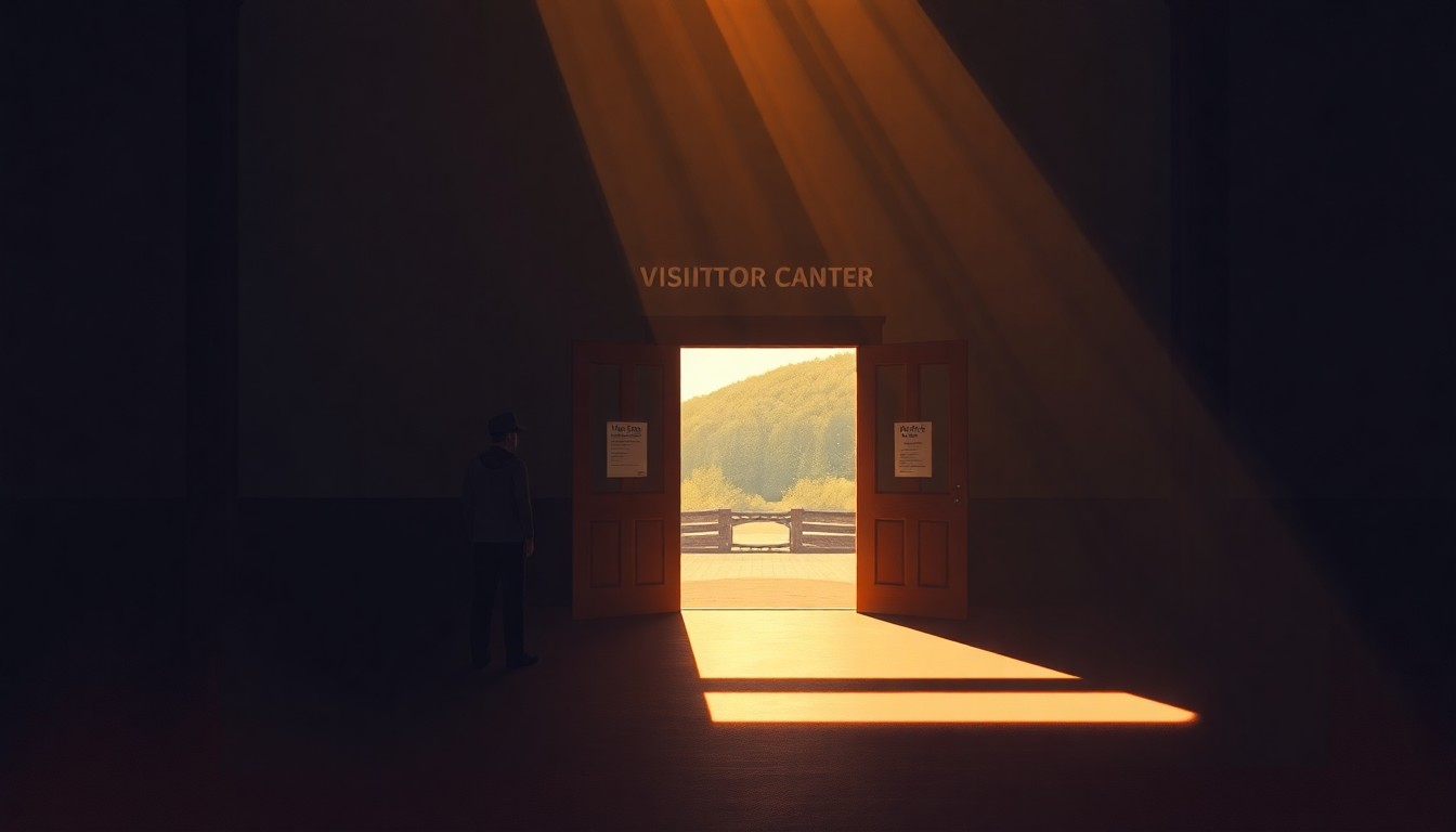 A serene, painterly scene of a lone park ranger standing in the doorway of an empty visitor center, the building's warm, golden light contrasting with the deep shadows cast across the scene, conveying a sense of uncertainty and melancholy about the future of public lands management.