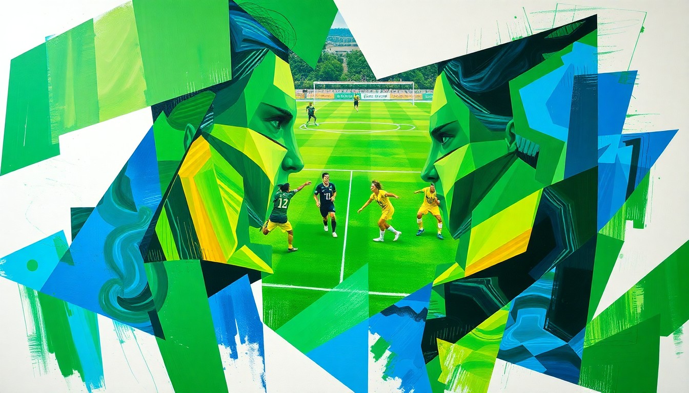 A cubist, geometric painting depicting the dynamic movements and energy of a women's soccer match, with overlapping planes of green, blue, and white.