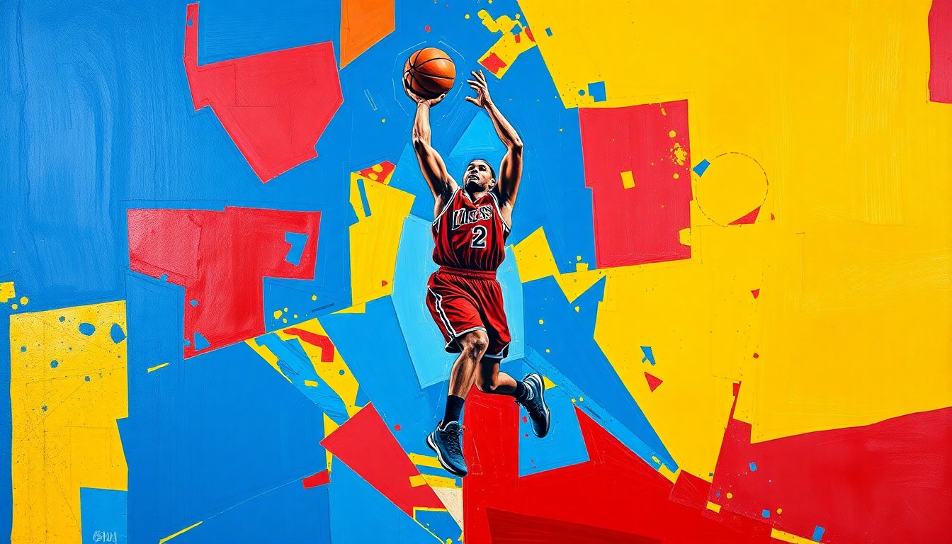 A fragmented, geometric painting depicting the overlapping planes and angles of a basketball player's jump shot, rendered in a bold color palette that evokes the sport's intensity and movement.