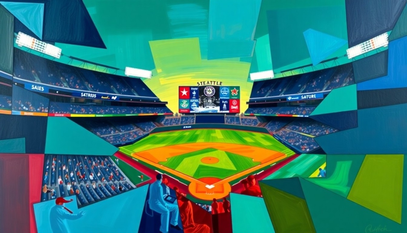 A cubist painting depicting a baseball game, with the players and field broken down into overlapping geometric shapes and planes in a vibrant color palette of navy, green, and red.