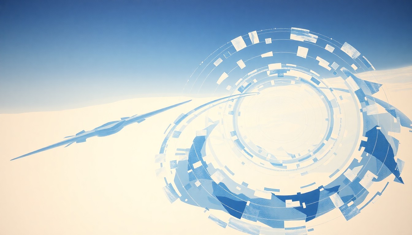 A highly structured abstract painting in muted tones of blue, white, and gray, featuring sweeping geometric arcs, concentric circles, and precise botanical spirals, conceptually representing the complex scientific forces and environmental factors involved in military operations in the Arctic.