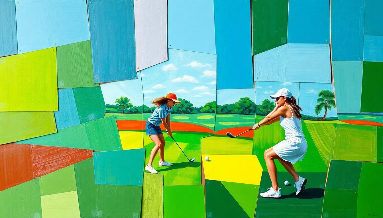 A fractured, geometric painting in shades of green, blue, and brown, depicting a girls' golf match from multiple perspectives, conveying the energy and intensity of the sport.