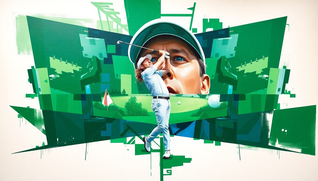 A cubist, geometric painting depicting Tyrrell Hatton's final round at the Masters, with sharp, overlapping planes of green, white, and blue representing the golf course and his performance.