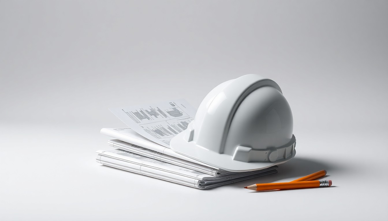 A photorealistic studio still-life image featuring a stack of architectural blueprints, a construction hard hat, and a carpenter's pencil arranged elegantly on a clean, monochromatic background, conceptually representing the data and materials behind regional construction and development.