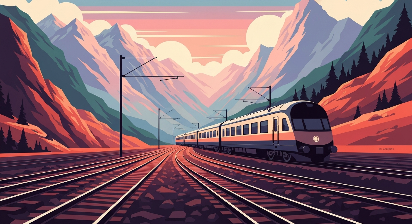 A bold, geometric illustration depicting the sweeping scale and streamlined forms of a luxury train traveling through a dramatic mountain landscape, capturing the romantic spirit of Rocky Train Vacations' new rail packages.