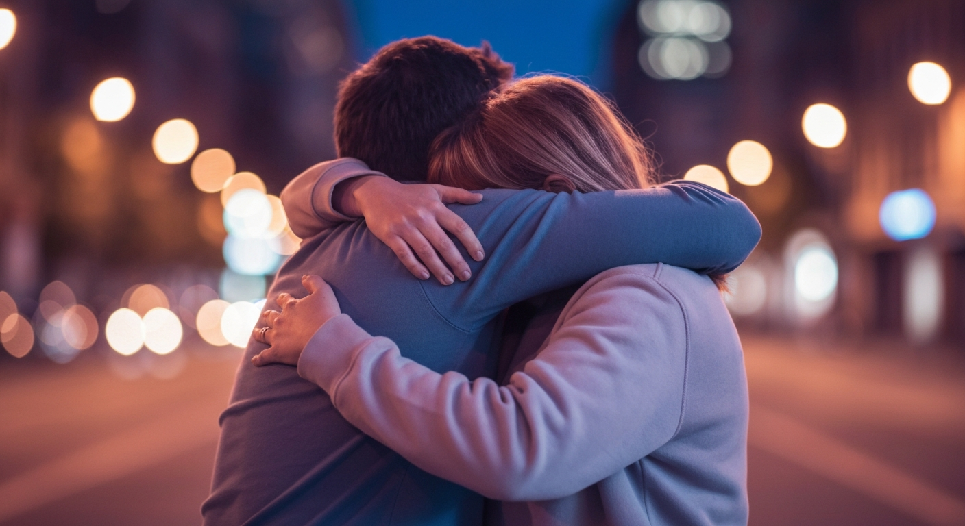 A vibrant neon outline of two figures embracing, conveying the theme of mental health support and community connection.