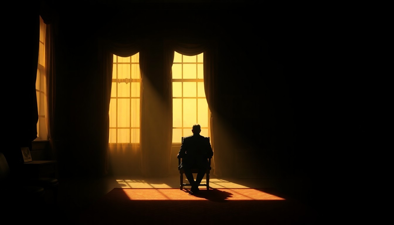A solitary, pensive figure sitting alone in a dimly lit political office, the scene bathed in warm, diagonal sunlight and deep shadows, conceptually representing the uncertainty surrounding the Republican Party's future leadership.