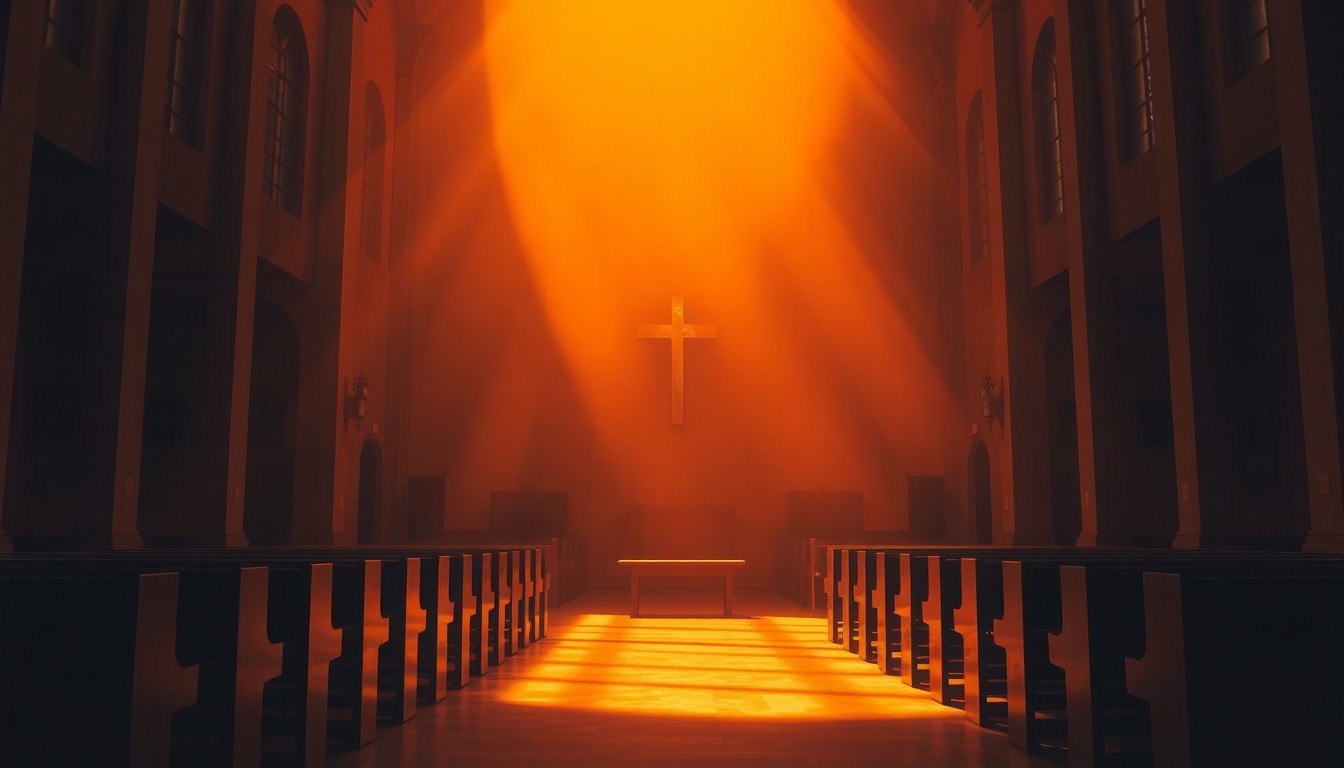 A dimly lit, cinematic interior of a Catholic church with a single pew in the foreground, the space bathed in warm, diagonal sunlight and deep shadows, conceptually representing the tensions between political and religious leadership.