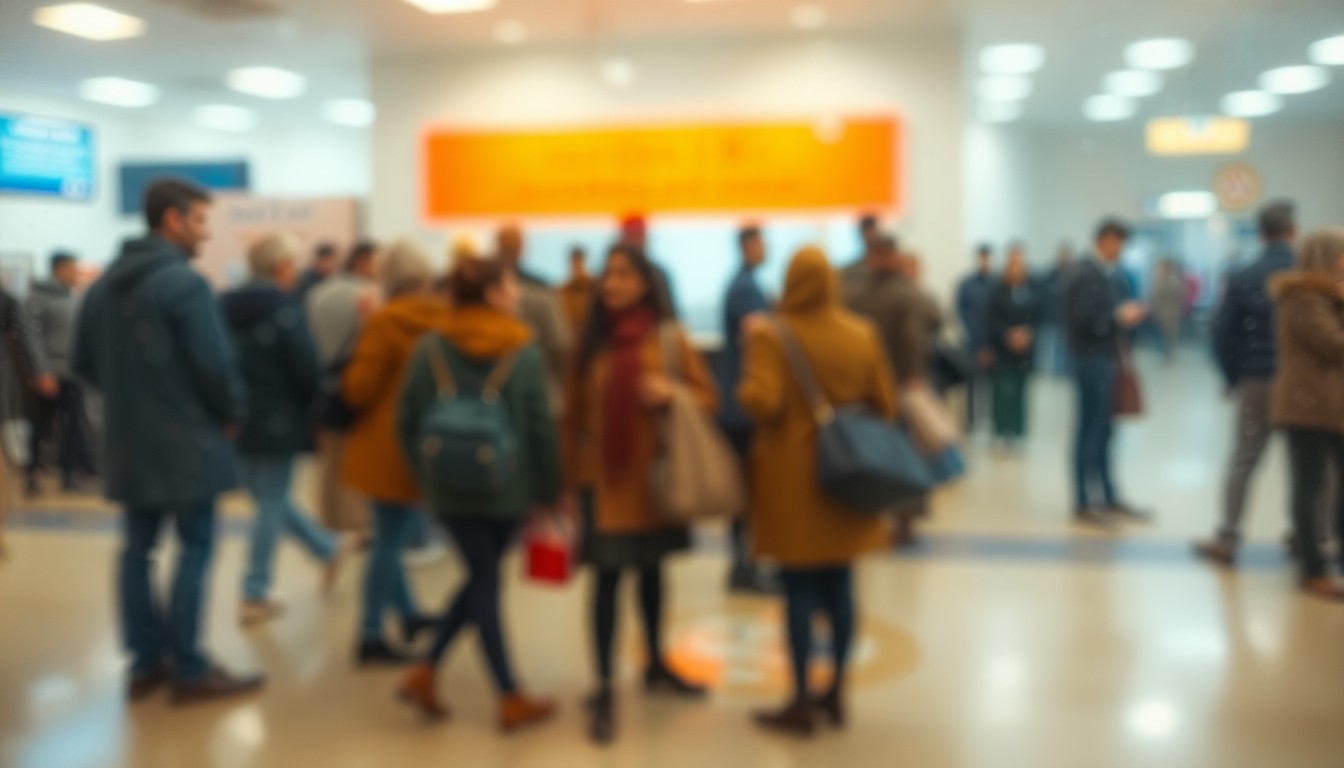 An abstract, impressionistic photograph of a blurred scene of people waiting in line, with soft pools of warm amber, ochre, and blue light creating a sense of community and civic engagement.