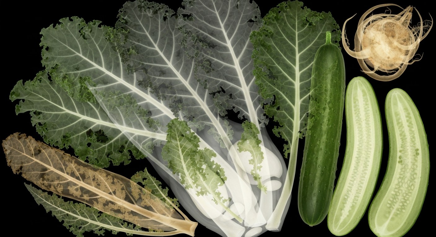 An extreme close-up X-ray photograph revealing the delicate internal structures of fresh vegetables, conceptually representing UPMC's efforts to promote sustainable food systems and fight hunger.