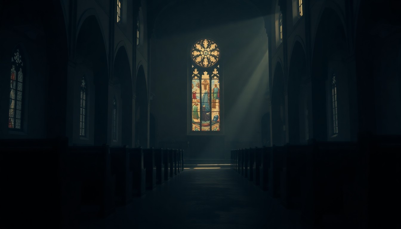 A dimly lit, cinematic interior of a church, with soft, warm light filtering through stained glass windows, conveying a sense of quiet contemplation and spiritual refuge.