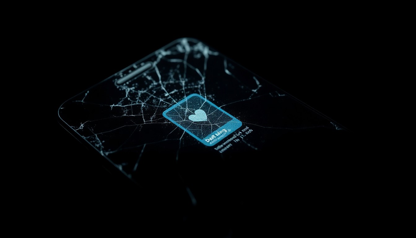 An extreme close-up photograph of a cracked and damaged cell phone screen, reflecting a faint image of a dating app interface, lit by a harsh, direct camera flash against a pitch-black background.