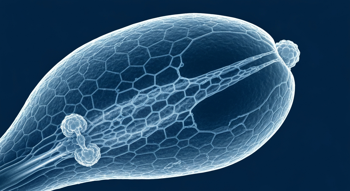 An extreme close-up X-ray photograph showing the intricate, ghostly internal structure of a tree pollen grain against a dark background, conceptually representing the impact of climate change on seasonal allergies.