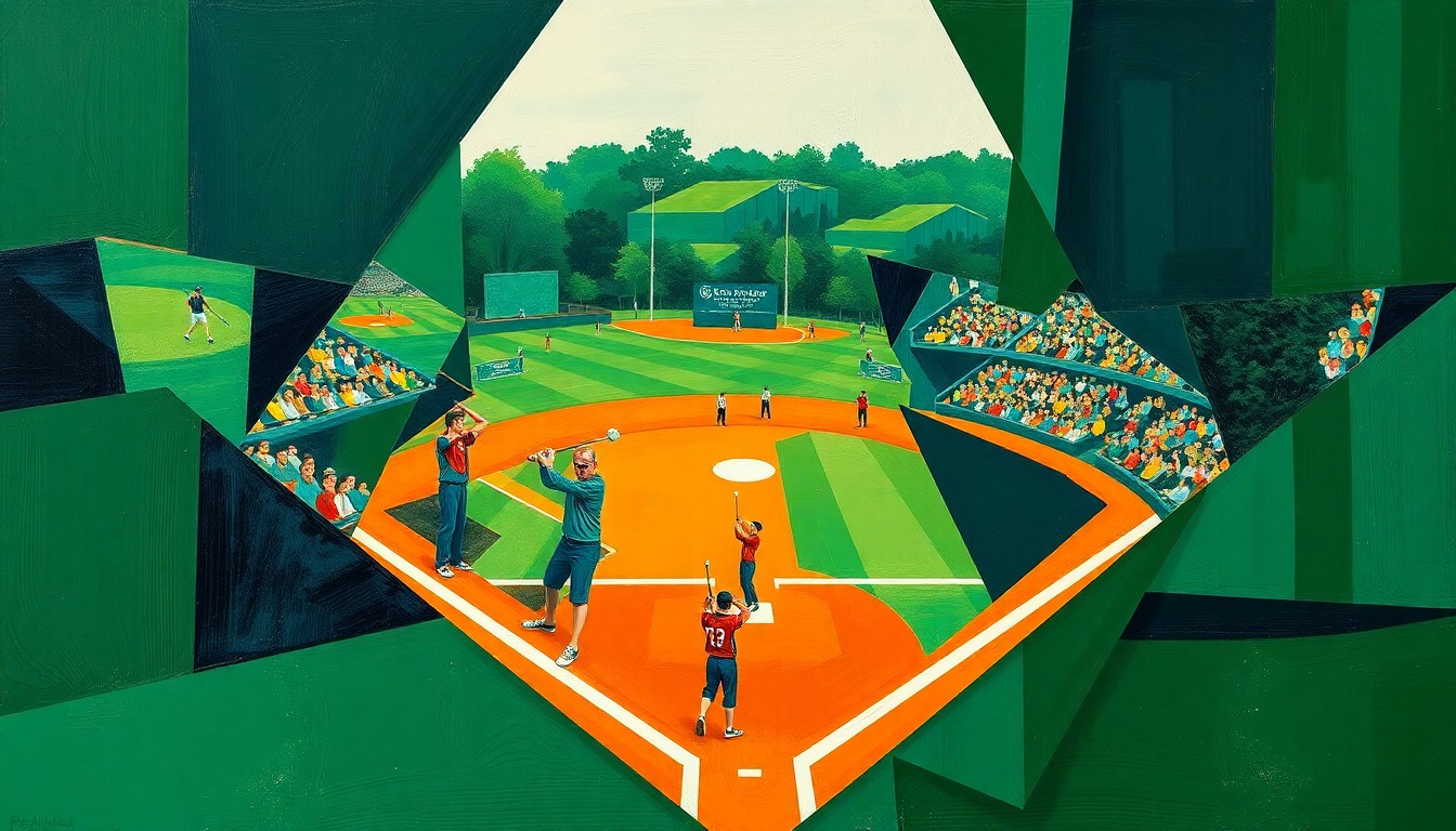 A fractured, geometric painting with overlapping planes of green, blue, and orange, conceptually representing the dynamic action and local pride of a small-town school sports competition.