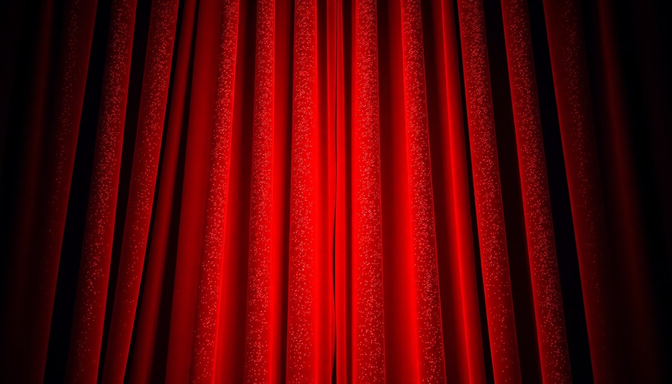 An extreme close-up photograph of luxurious, high-contrast red velvet theater curtains, capturing the glamour and drama of Broadway through dramatic studio lighting and abstract texture.