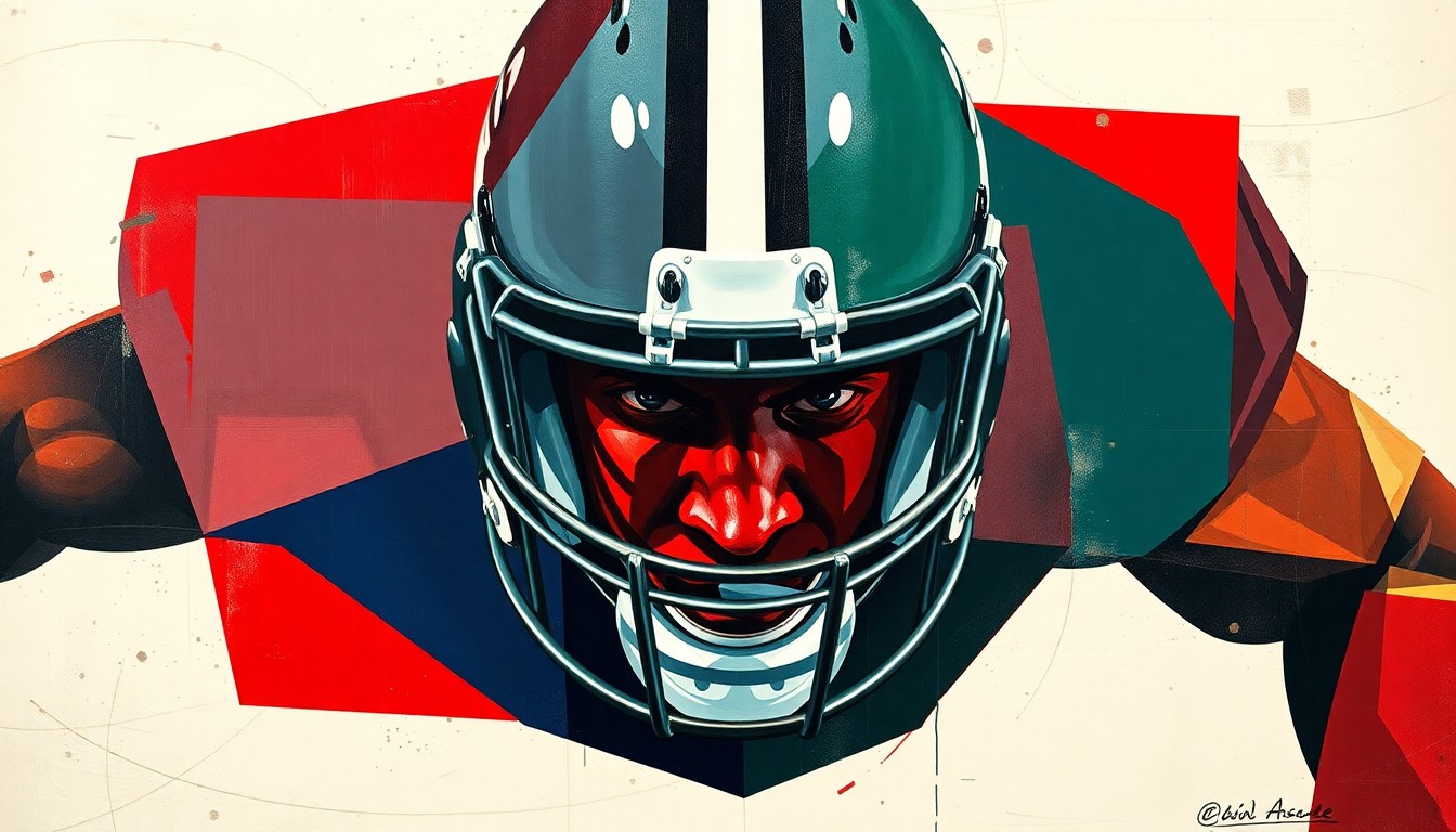 A cubist, geometric painting depicting a football linebacker in sharp, overlapping planes of deep crimson, navy blue, and forest green, representing the SEC teams vying for his commitment.