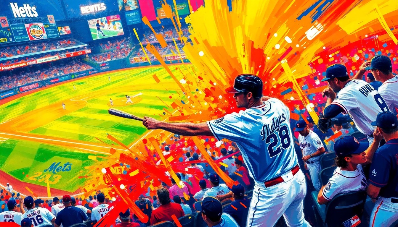 An abstract, expressionist painting featuring bold, neon-colored brushstrokes that convey the intense energy and drama of a high-stakes baseball game.