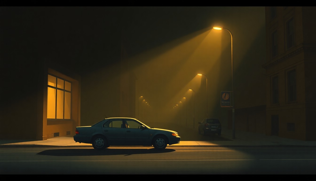 A serene, photorealistic painting of a solitary car parked on a shadowy urban street, the warm glow of the setting sun casting dramatic light and shadow across the scene, conceptually representing the nuanced political debate over driver testing requirements.