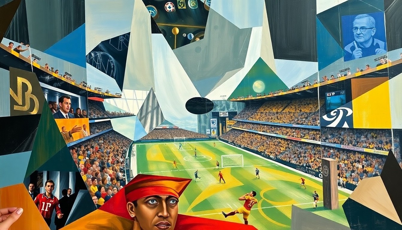 A fractured, geometric painting depicting overlapping planes of football players, coaches, and equipment, conceptually representing the Steelers' efforts to construct a complete team beyond just the quarterback position.