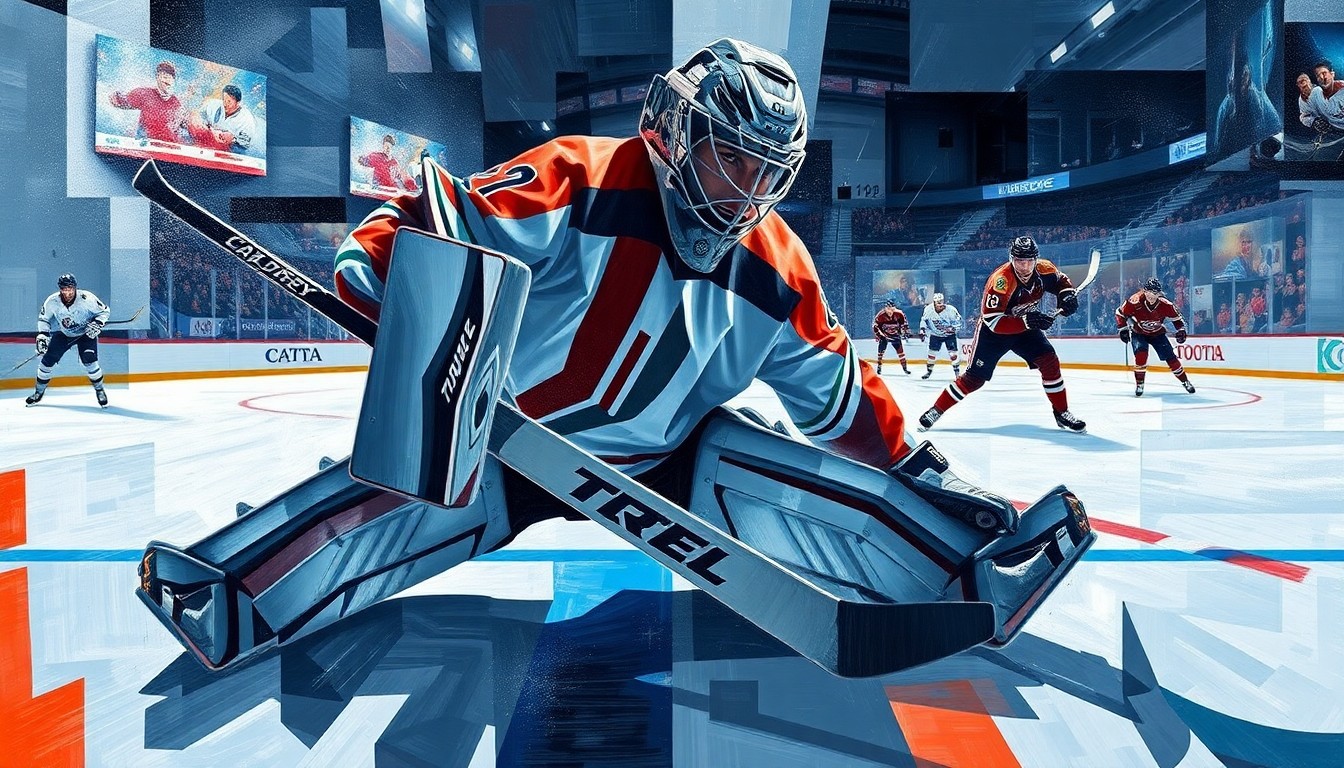 A fractured, multi-perspective painting depicting the final moments of a hockey goaltender's career, with sharp, overlapping geometric planes representing the various angles and perspectives of the game.