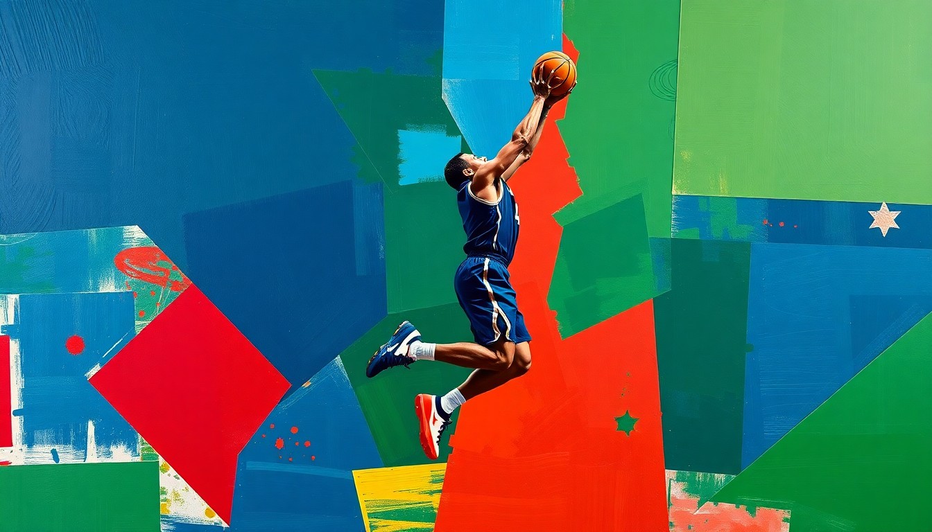 A fractured, cubist-style painting depicting a basketball player in mid-jump shot, broken down into sharp, overlapping geometric planes in a vibrant color palette, capturing the dynamic energy and intensity of the playoffs.