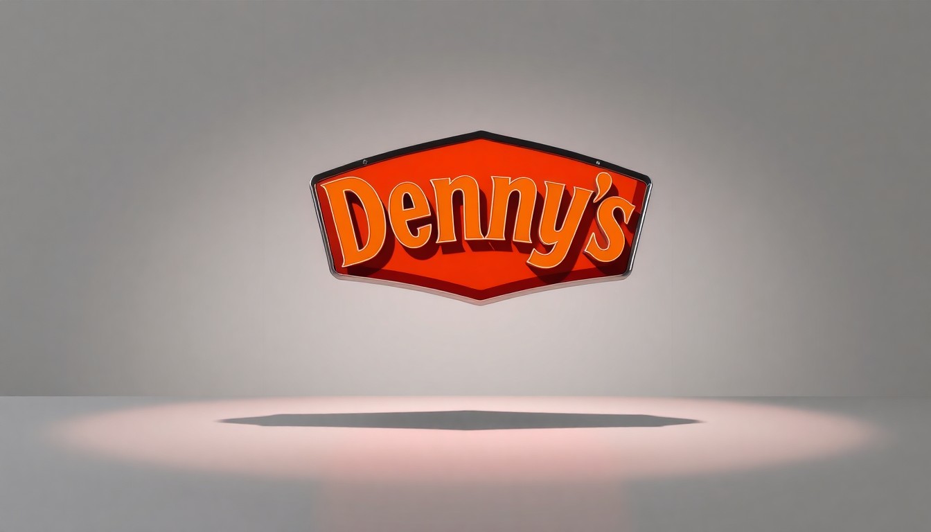 A highly polished, geometric metal sign with the Denny's logo floating on a clean, monochromatic background, dramatically lit to create deep shadows and a sense of strategic focus.