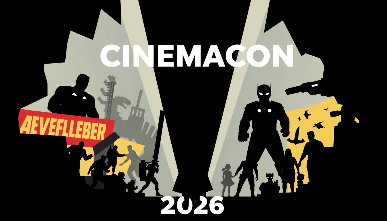 An abstract, minimalist movie poster composition featuring bold, jagged black silhouettes and geometric shapes in high contrast against a solid background, conceptually representing the diverse array of upcoming blockbuster films being showcased at the CinemaCon 2026 convention.