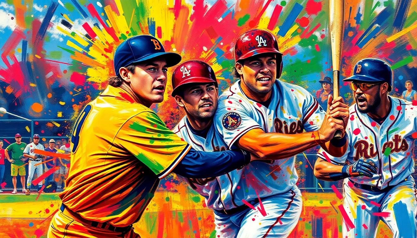An abstract, expressionist painting depicting the energy and movement of a baseball game, with players' forms dissolving into vibrant splashes of neon color.