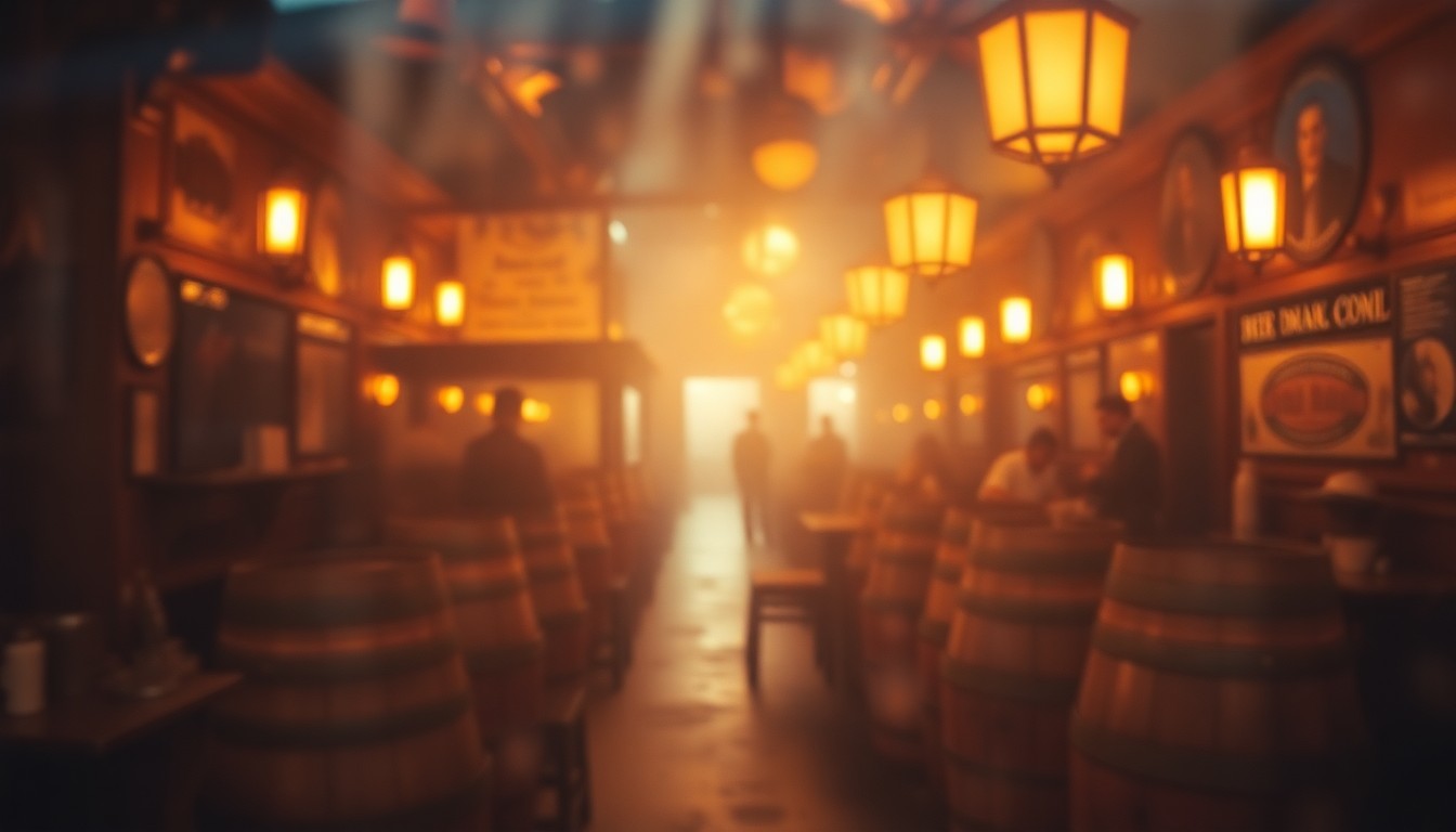 An impressionistic, out-of-focus scene of glowing lanterns, wooden barrels, and blurred figures in a 19th century saloon, conveying the warm, nostalgic atmosphere of Colorado's early brewing industry.