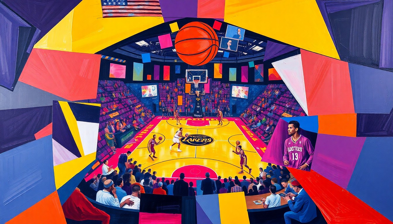 A fragmented, geometric painting depicting a basketball game in progress, with sharp planes of color representing the players and court. The abstract style captures the intensity and unpredictability of the playoff matchup.