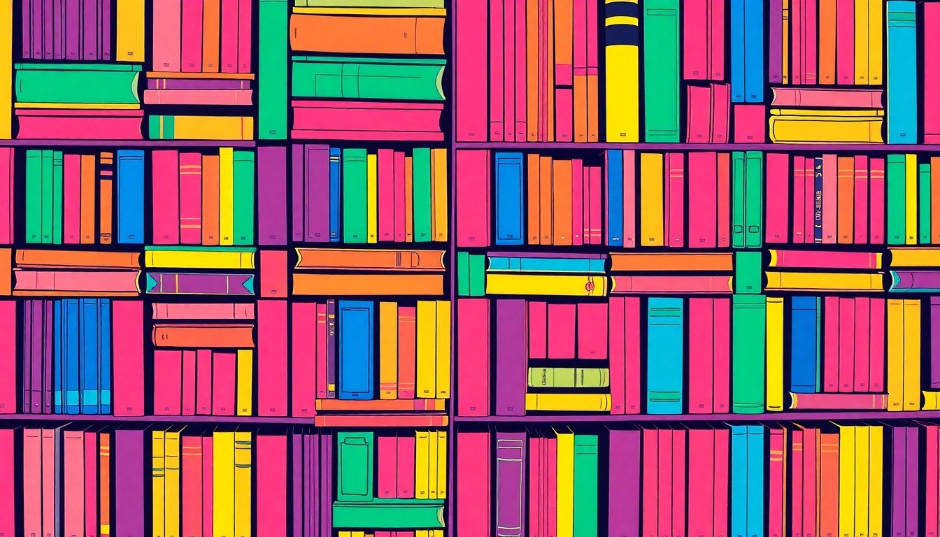 A vibrant, abstract silkscreen-style illustration featuring a repeating grid of colorful library books in shades of neon pink, yellow, and blue, conceptually representing the diverse offerings of Sacramento's public library system.