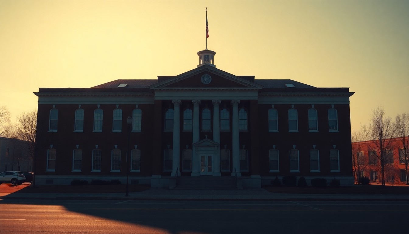 A dimly lit, cinematic painting of an empty government building in muted tones, with warm light streaming through the windows, conceptually representing the complex legacy of the Sununu Youth Services Center.