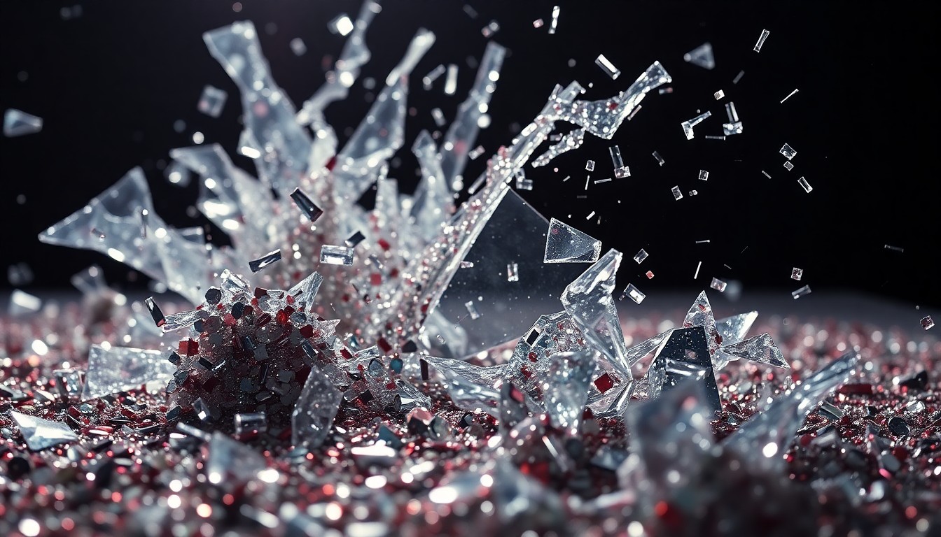 An abstract close-up image of shattered glass and glittering sequins, capturing the fragility and glamour of celebrity culture through dramatic, high-contrast lighting.