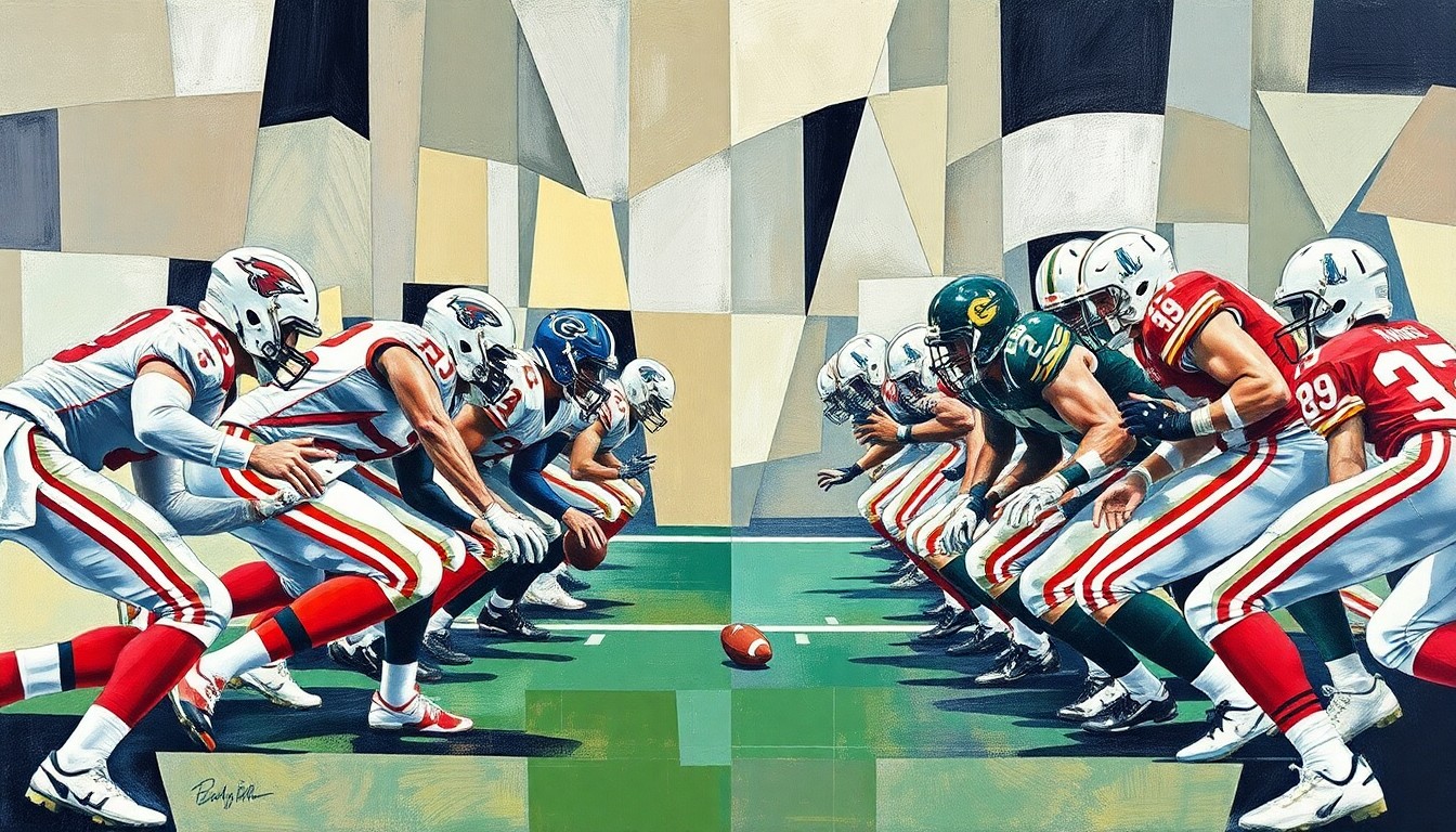 A cubist-style painting depicting the Broncos' offensive line broken down into sharp, geometric shapes and planes, conveying the complexity and importance of this unit's performance.