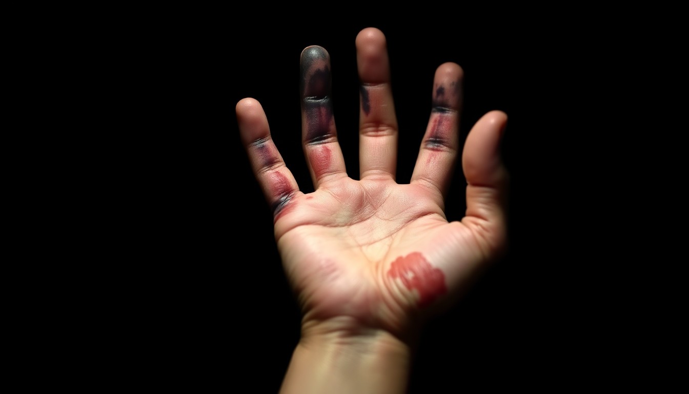 An extreme close-up of a severely burned and scarred child's hand, captured in stark, dramatic lighting to convey the gravity of the alleged abuse.