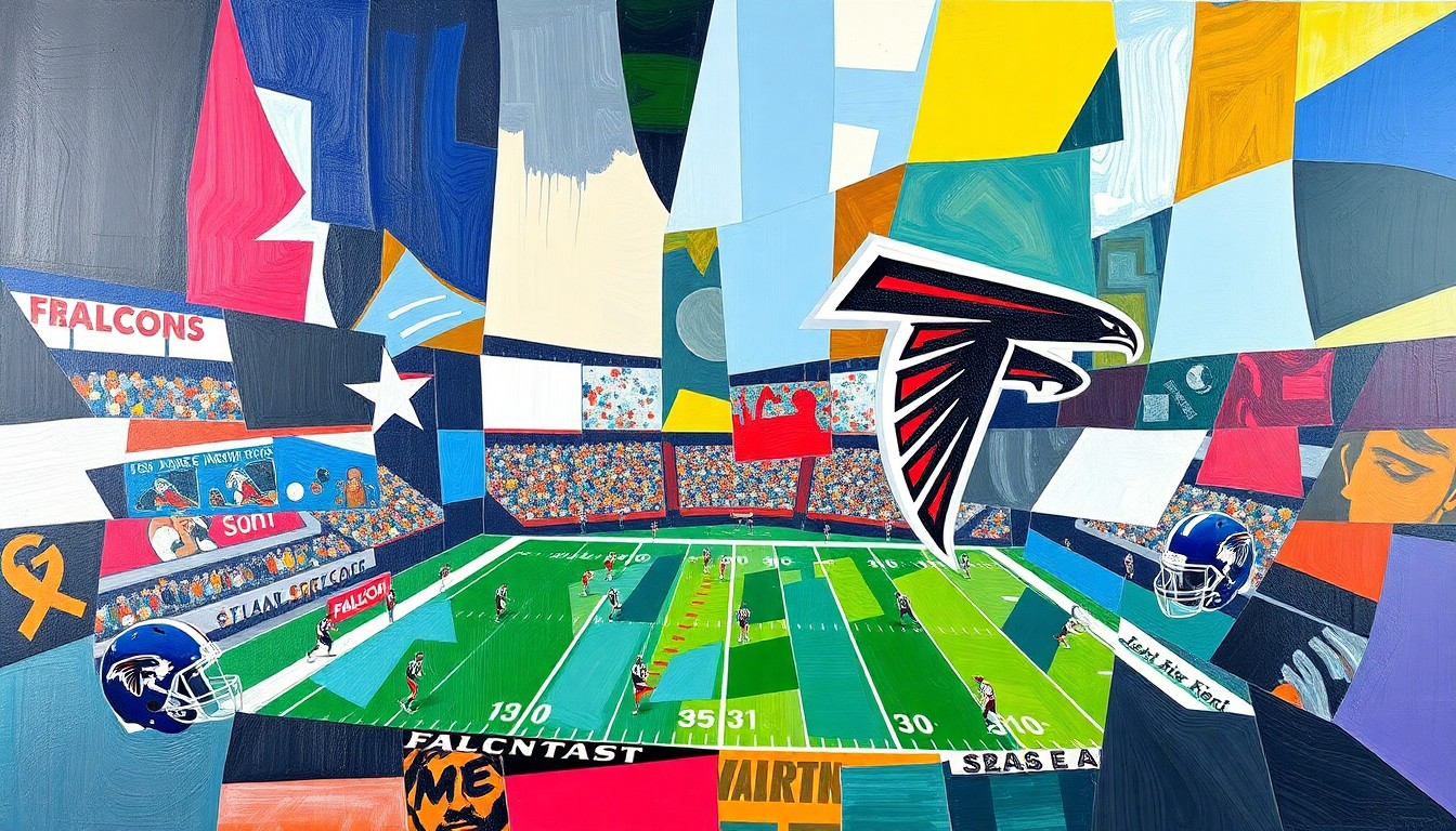 A fragmented, geometric painting in the style of Pablo Picasso, depicting the action and energy of a football game through sharp, overlapping planes of color representing the players and movement on the field.