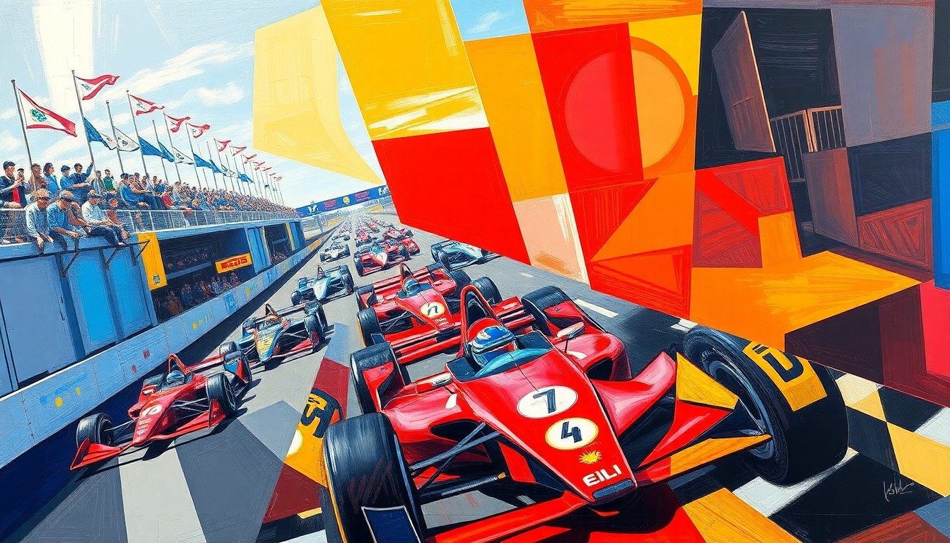 A fractured, cubist-style painting depicting an IndyCar race at the Long Beach street circuit, with sharp geometric planes in vibrant colors representing the competing teams and cars.