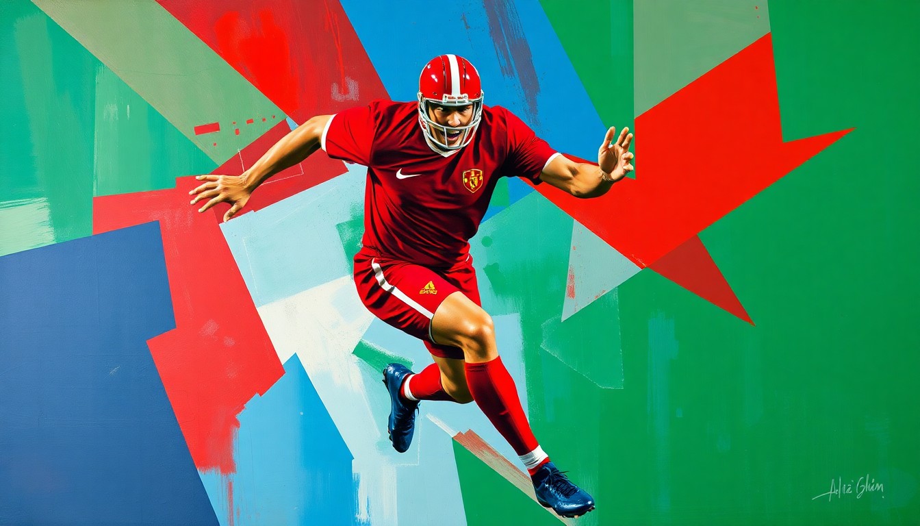 A fragmented, geometric painting depicting a football player in motion, with sharp planes of red, blue, and green creating a dynamic, abstract representation of athletic prowess.
